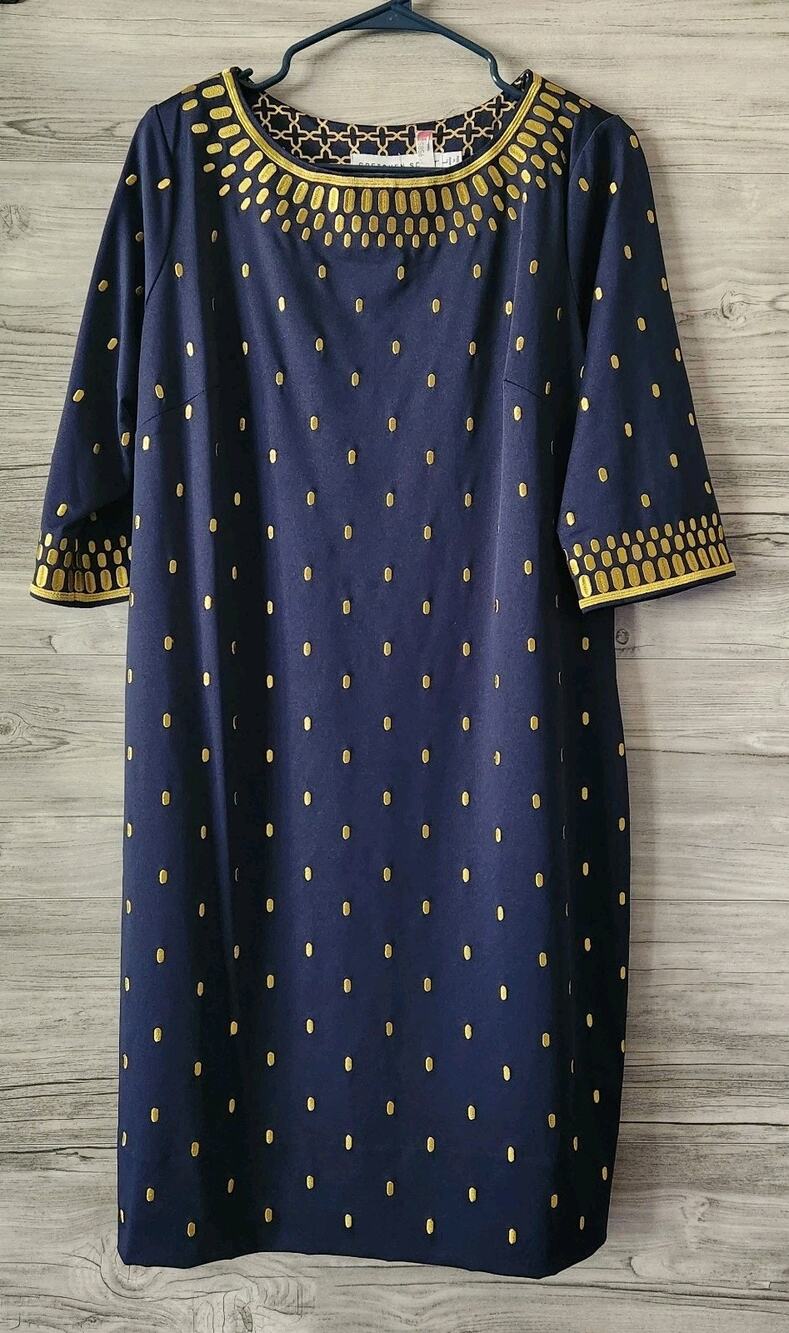 Gretchen Scott Rocket Girl Sheath Dress Womens Size Large Shrimp Navy Blue Gold